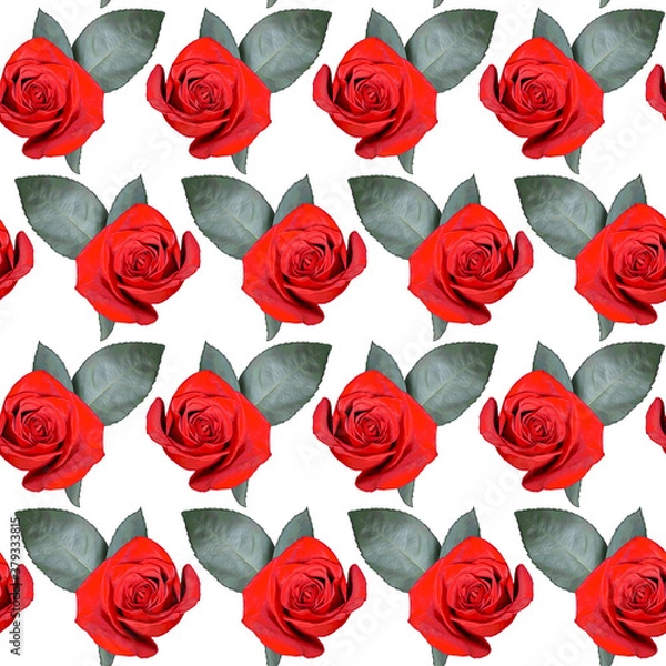 Obraz Seamless pattern with red rose flowers and green leaves on white background. Endless colorful floral texture. Raster illustration.