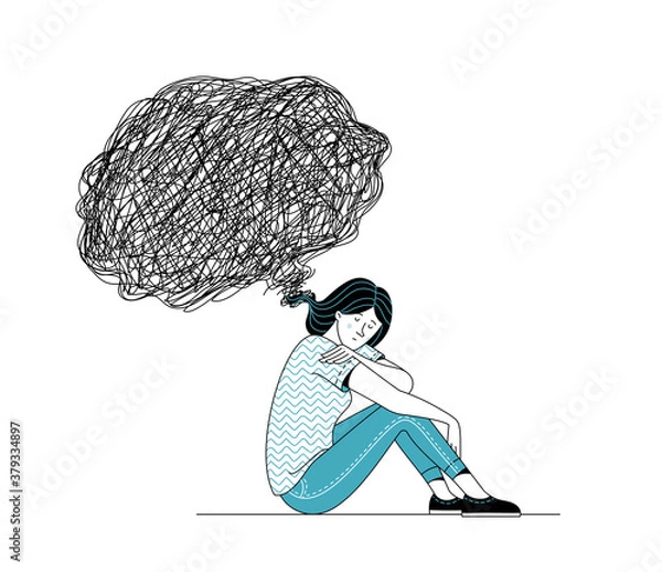 Fototapeta Smutna kobieta siedzi na podłodze. Nad jej głową bańka myśli. Nadmierne myślenie, psychoterapia zaburzeń psychicznych i koncepcja płaskiej samotności. Ilustracja kreskówka wektor