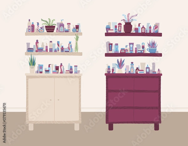 Fototapeta Beauty and health store interior. Cartoon shampoo, cream, lotion, scrub, perfume, soap, moisturizer on shelves. Vector flat illustration, banner template.