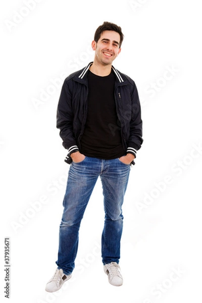 Fototapeta Smiling young man standing on white background