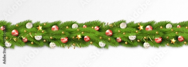 Obraz Detailed Seamless Christmas Garland with white and gold balls. Vector, 3d illustration