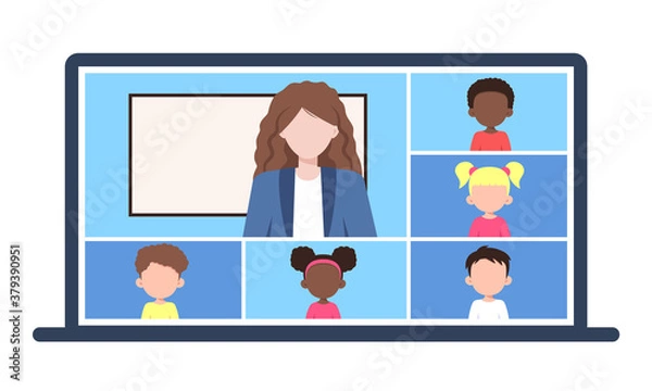 Obraz Szkoła online. Kobieta uczy z wideokonferencji na laptopie. Dzieci uczące się na komputerze w domu. Edukacja zdalna. Wektor na białym tle