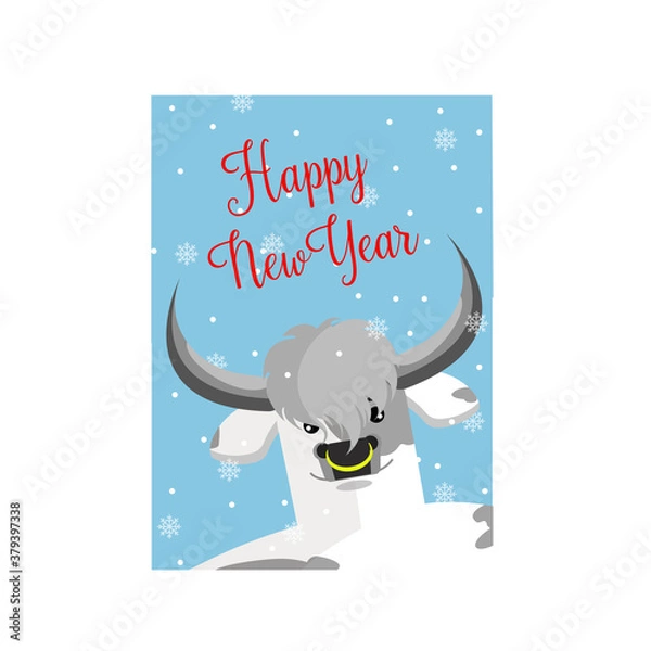 Obraz card with the symbol of 2021 - the bull. metal bull. white bull with gray spots and a kind smile, on a blue background with snowflakes