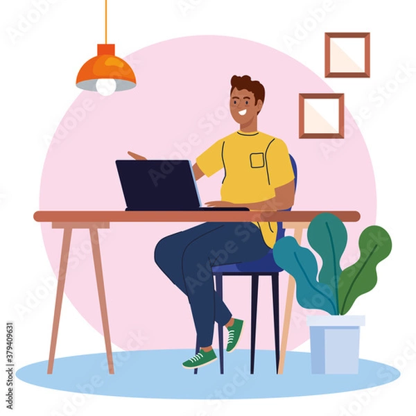 Fototapeta man afro using laptop computer in desk, working online vector illustration design