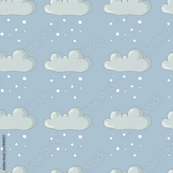Fototapeta Cute winter snow cloud seamless pattern template. Cartoon vector illustration for games, background, pattern, decor. Print for fabrics and other surfaces.