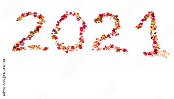 Fototapeta 2021 brilliant isolate. Lettering 2021 on a white background of shiny multicolored confetti. Happy new year and merry Christmas.