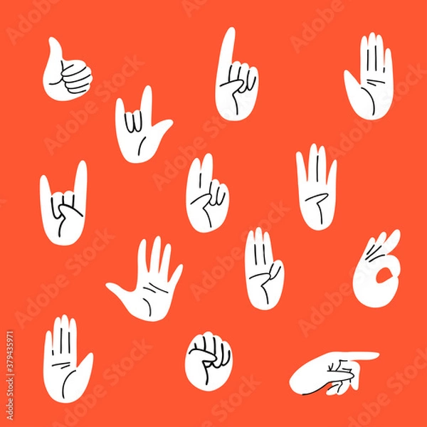 Obraz Cartoon set of gestures, flat style. Hands different movements hand-drawn palms, fingers showing numbers, like, fist, stop, ok. Vector hands in white gloves on a red background. Stock illustration