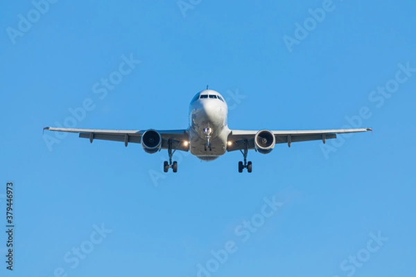 Fototapeta Airplane with chassis from the front landing or taking off on the background of clear blue sky