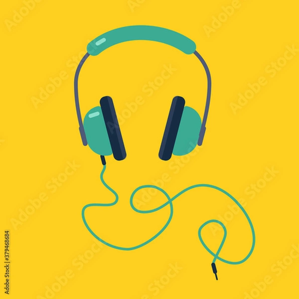 Obraz Headphones icon in flat style on a yellow background. Vector illustration