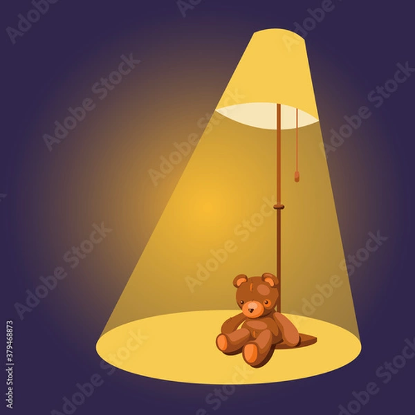 Obraz Old teddy bear sit on the floor under the lamp. Old toy. Vector illustration.