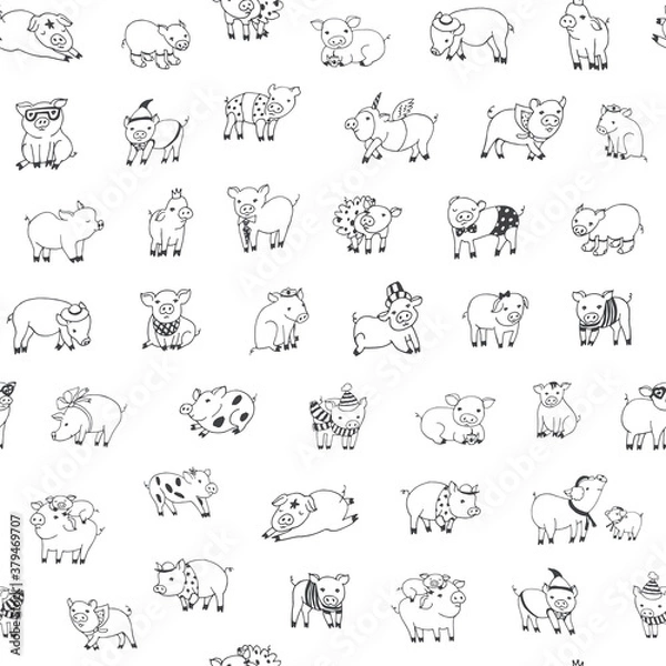 Fototapeta Seamless hand drawn vector pattern with cute little funny pigs animals in carnaval celebration costumes in line graphic.