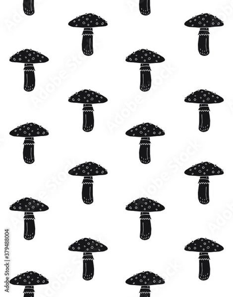 Fototapeta Vector seamless pattern of black hand drawn doodle sketch fly agaric mushroom isolated on white background