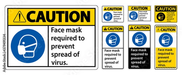 Fototapeta Caution Face mask required to prevent spread of virus sign on white background