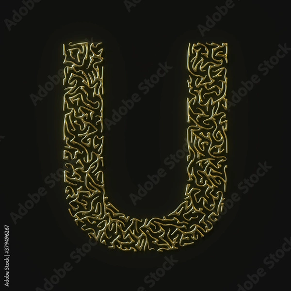 Fototapeta High resolution letter U symbol made of molded golden lines. 3d rendering