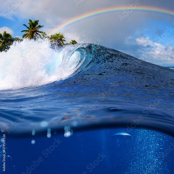 Fototapeta Perfect tropical ocean view splitted by waterline to two part. Shorebreak  breaking surfing wave. Palms and clouds in daylight with colorful rainbow.