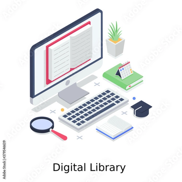 Fototapeta 
Magnifier with computer depicting digital library 
