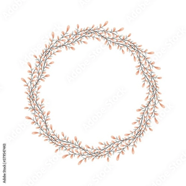 Fototapeta Watercolor digital illustration. Botanical wreath of green branches and leaves with flowers and polka dots. Floral Design elements.