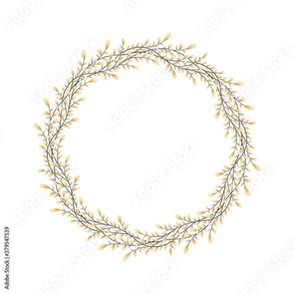 Fototapeta Watercolor digital illustration. Botanical wreath of green branches and leaves with flowers and polka dots. Floral Design elements.