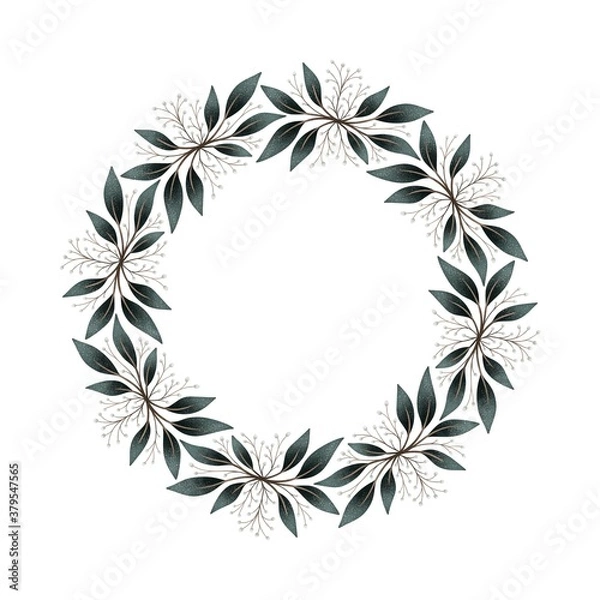 Fototapeta Watercolor digital illustration. Botanical wreath of green branches and leaves with flowers and polka dots. Floral Design elements.