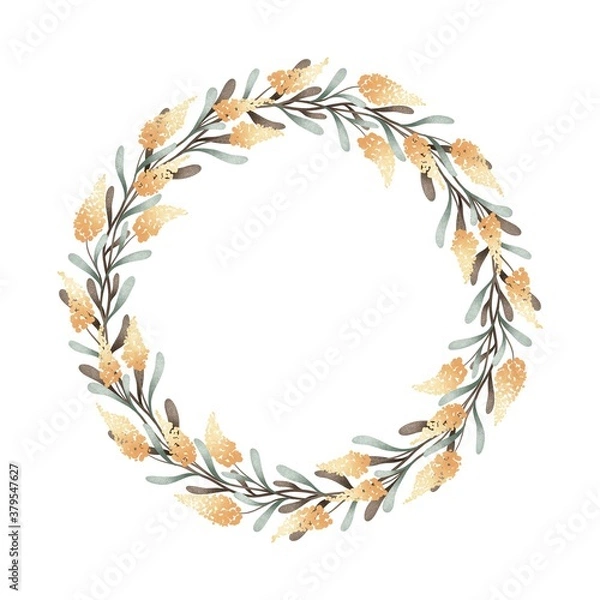 Fototapeta Watercolor digital illustration. Botanical wreath of green branches and leaves with flowers and polka dots. Floral Design elements.