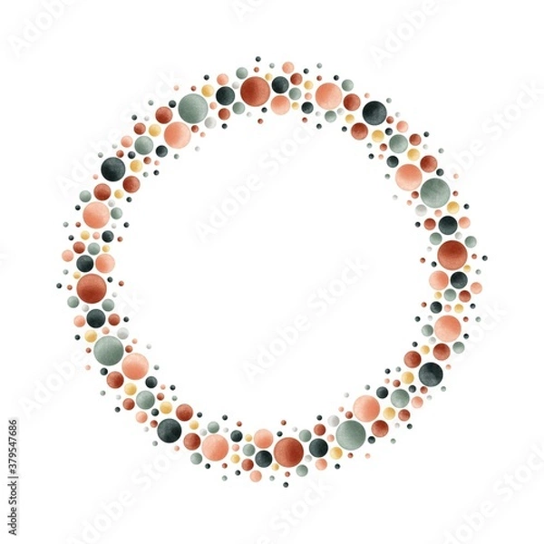 Fototapeta Watercolor digital illustration. Botanical wreath of green branches and leaves with flowers and polka dots. Floral Design elements.