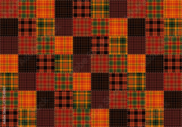 Obraz ハロウィン色のタータンチェックのパッチワーク背景　市松模様（加工有り）