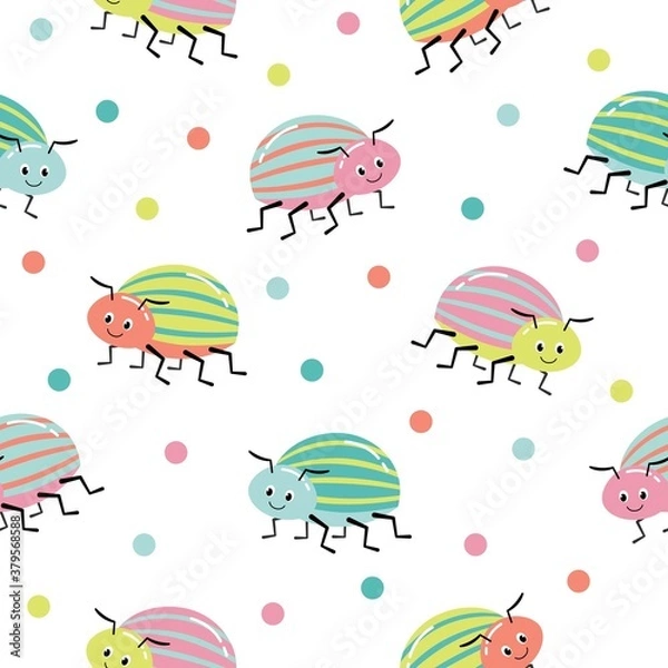 Obraz Seamless pattern with colorful bugs. Bright vector drawing of small beetles. Insect on the background with gray leaves.