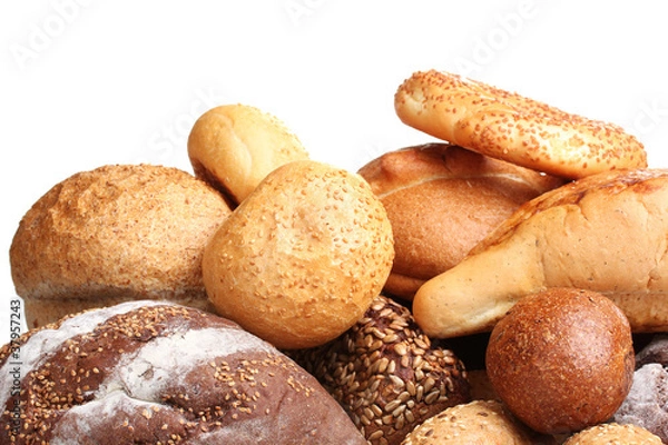 Obraz delicious breads and wheat isolated on white