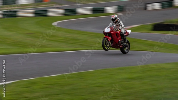 Fototapeta A panning shot of a racing bike on one wheel as it circuits a track.