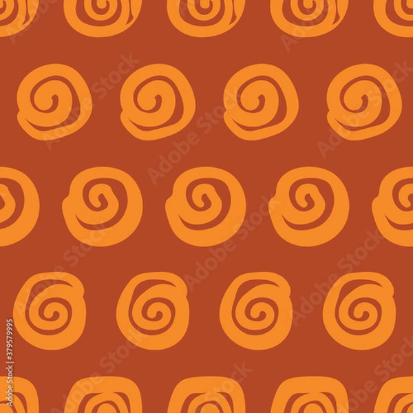 Fototapeta Cinnamon rolls seamless vector polka dots pattern. Pastry themed surface print design for fabrics, stationery, scrapbook paper, gift wrap, textiles, and packaging.