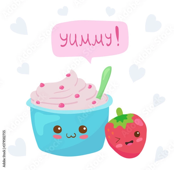 Obraz Kawaii Strawberry Yogurt vector character isolated on white background. Funny smiling yogurt in plastic cup with spoon. Cute happy & smiling yummy dairy product mascot illustration. Kids menu concept.