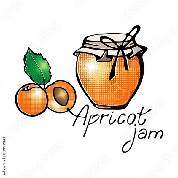Fototapeta Image of a jar with jam, apricots and the inscription Apricot jam. Vector graphics.
