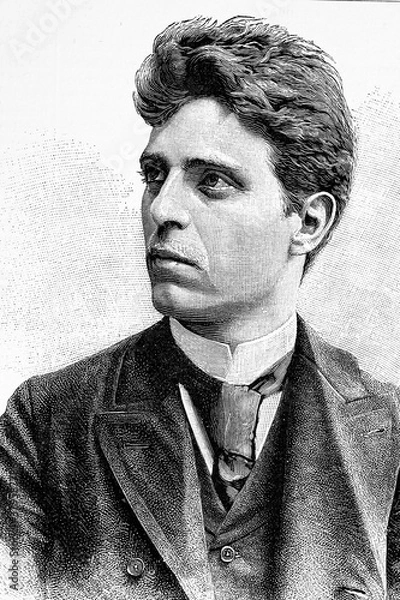 Obraz Pietro Mascagni. Italian Opera composer. His masterpiece, Cavalleria rusticana. 1863-1945. Antique illustration. 1891.
