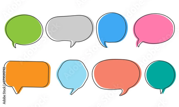Fototapeta Set of speak bubble text, chatting box, message box outline cartoon vector illustration design. Balloon color note doodle style of thinking sign symbol.