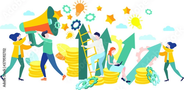 Fototapeta Vector graphics. Illustration in the style of flat design. Teamwork. Brainstorming. Images for business. Work schedule. Achieving goal. Problem solution.