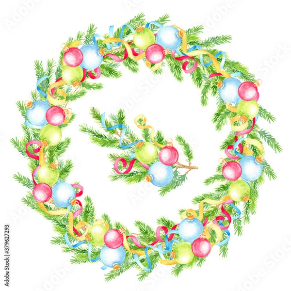 Obraz Watercolor hand painted Christmas wreath with  fir tree branches and christmas balls.