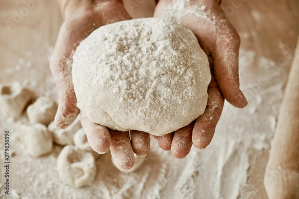 Fototapeta hands kneading dough, baker, the Baker's hands, dough, hands in the flour, dumplings, handmade dumplings, ravioli