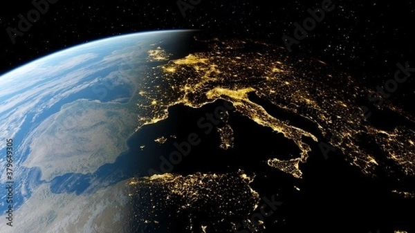 Obraz realistic night Italy from space, Venice from space, night Sicily from space, central Europe at night, night Rome from satellite 3D render	