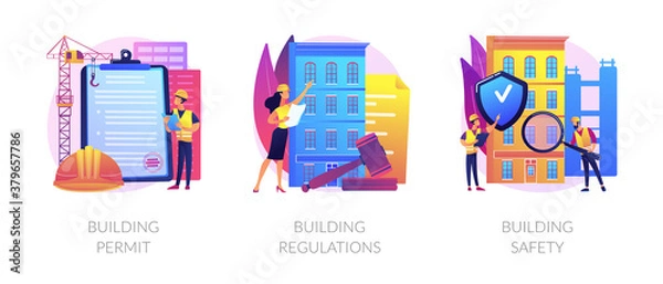 Fototapeta Construction business abstract concept vector illustration set. Building permit regulations and safety, contractor service, construction site, engineering project, application form abstract metaphor.