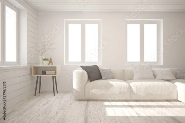 Fototapeta White living room with sofa. Scandinavian interior design. 3D illustration
