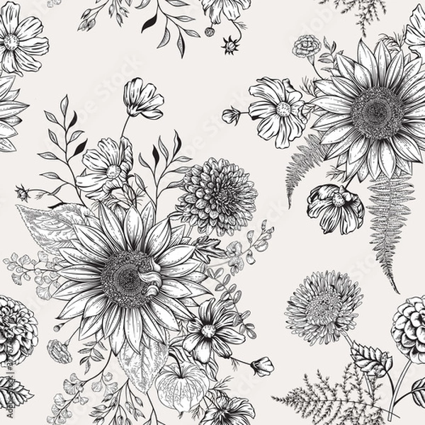 Obraz Seamless pattern with autumn flowers. Vector illustration.