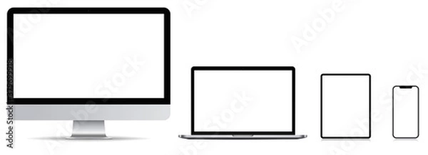 Fototapeta Makieta realistyczny komputer, monitor, laptop, tablet i smartfon z pustym ekranem izolowana na białym tle. Zestaw makiet urządzeń oddzielnych grup i warstw. Łatwo edytowalny wektor. Chory wektor