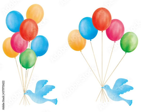 Fototapeta 風船と青い鳥のイラストセット