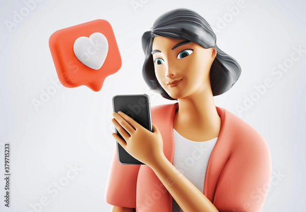 Fototapeta Woman smiling at her phone. Female character holding phone with like popping up on the mobile screen.  Mockup 3d illustration