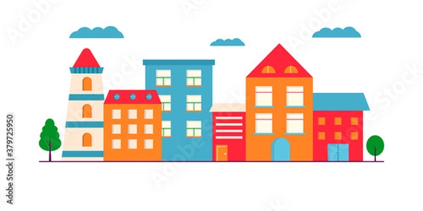Fototapeta Landscape of Small modern houses facade with window, garage, balcony and roof. Exterior of building apartment with trees. Vector cityscape illustration. simple background in geometric style