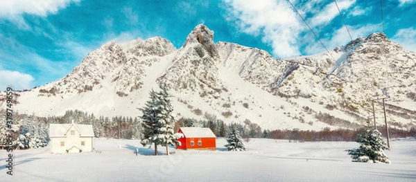 Obraz Gorgeous winter scenery with traditional Norwegian wooden houses and pine trees near Valberg village at Lofotens.