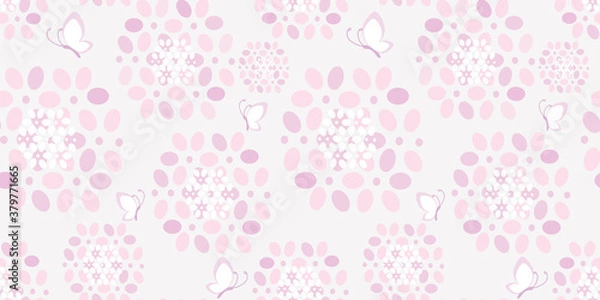 Obraz Cute pink Hydrangea floral seamless pattern. Hand drawn purple flower petals and butterflies on white background. Great for women and girls fashion fabric, textile, wrapping paper, scrapbooking