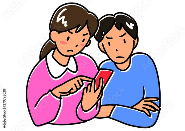 Fototapeta 怒った表情でスマホを見る若い男女