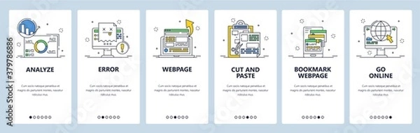 Fototapeta Website analysis, error, bookmark menu. Go online. Mobile app onboarding screens, vector website banner template.