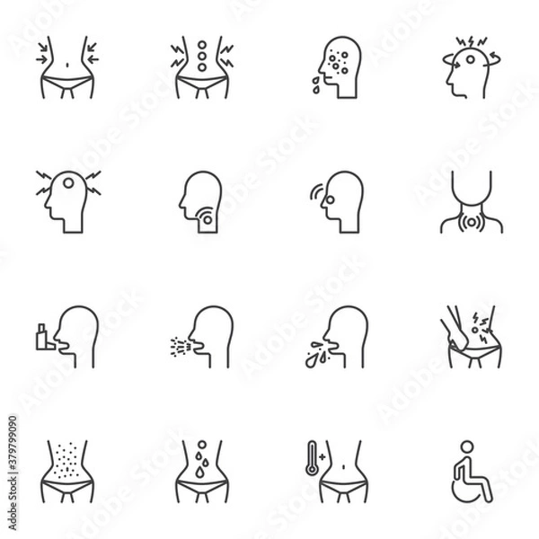 Fototapeta Health condition line icons set, health disease outline vector symbol collection, linear style pictogram pack. Signs, logo illustration. Set includes icons as headache, body temperature, cough, flu